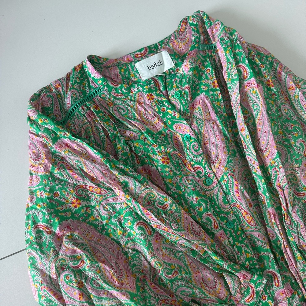 ba&sh Paris Paisley Print Romper Green Pink Long Sleeve